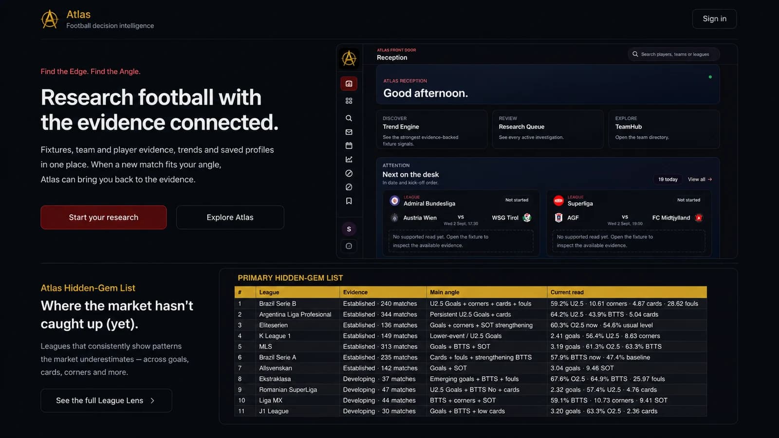 Atlas football research workspace showing fixtures, search and research navigation