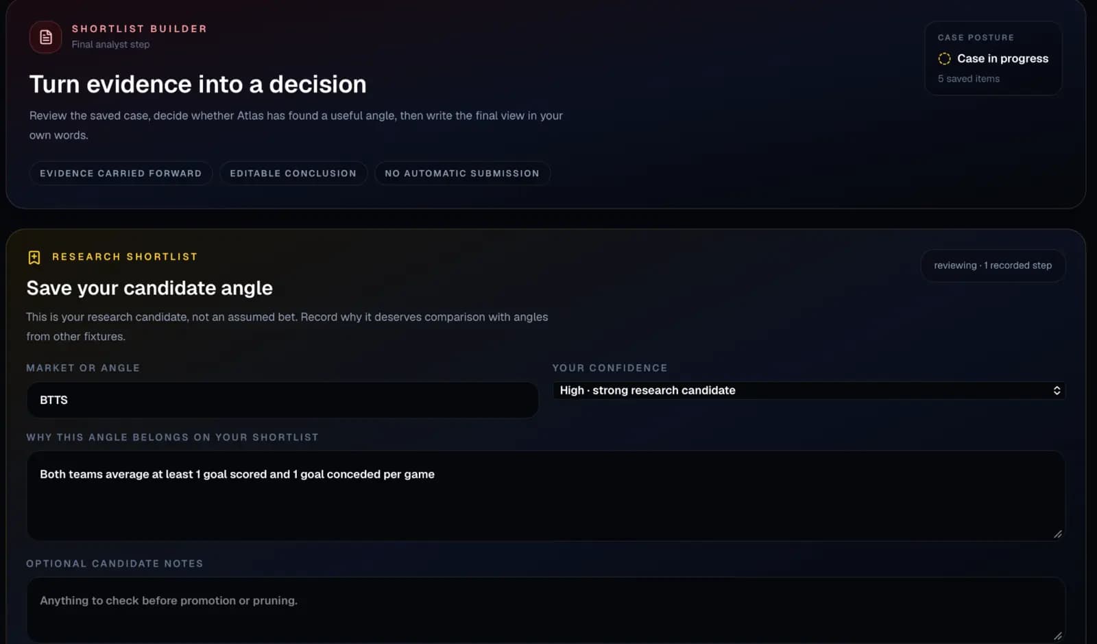 Atlas Shortlist Builder recording a candidate angle, confidence and reasoning